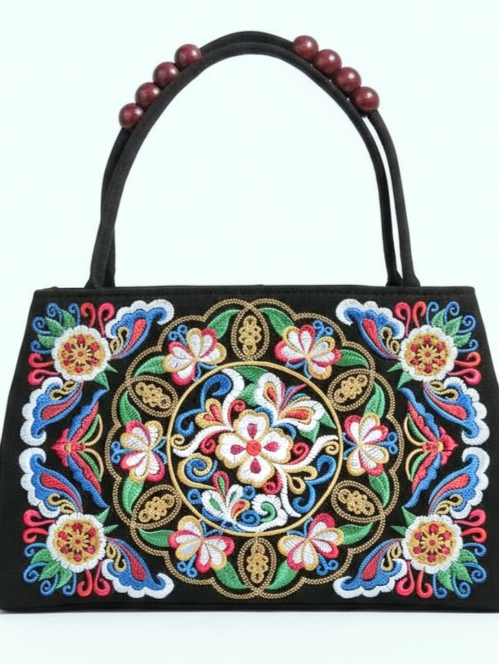 Embroidered Floral Black Tote Bag with Beaded Handles